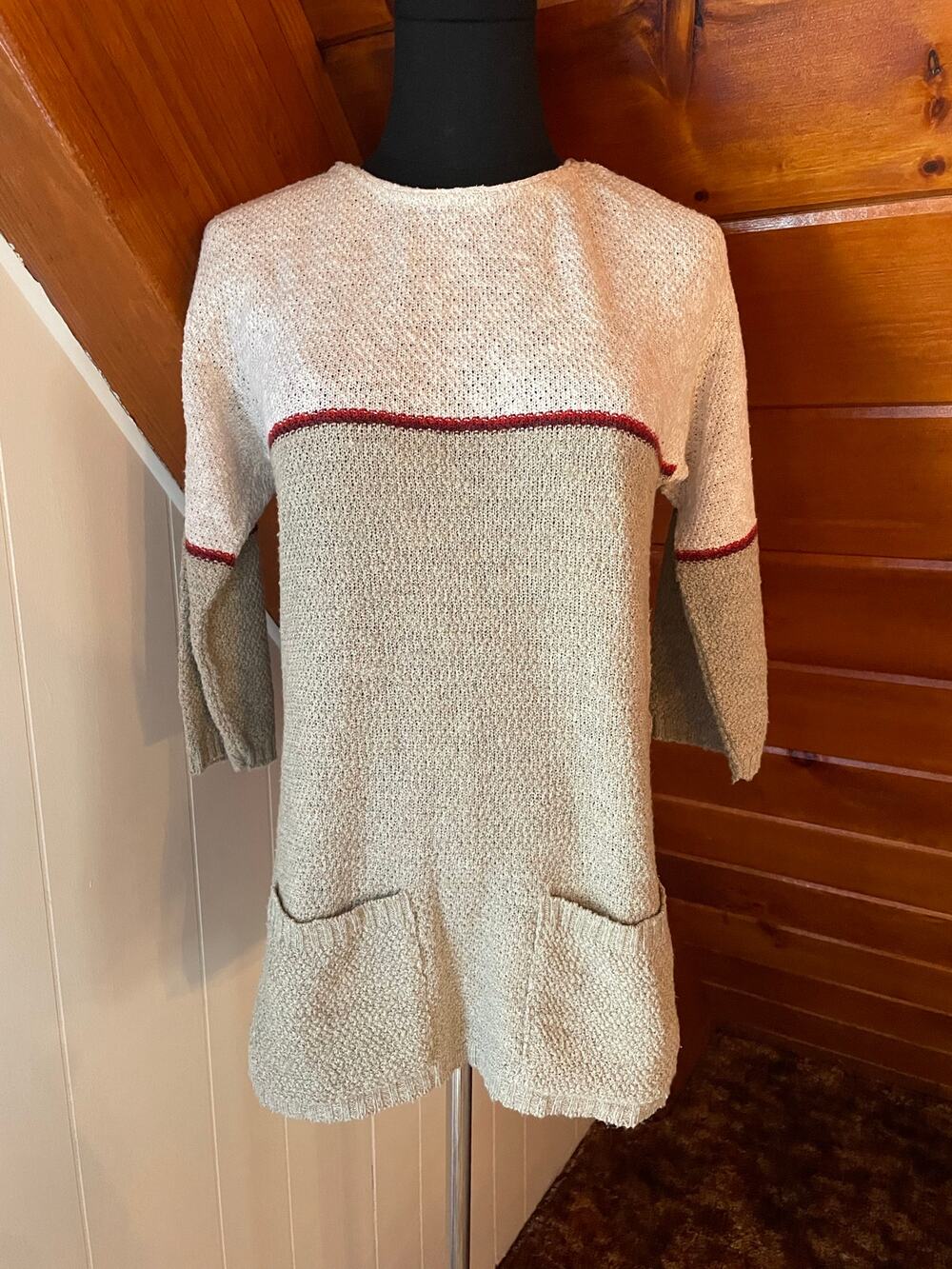 Vintage 70s 3/4 Sleeve Knit Tunic Sweater with Front Pockets